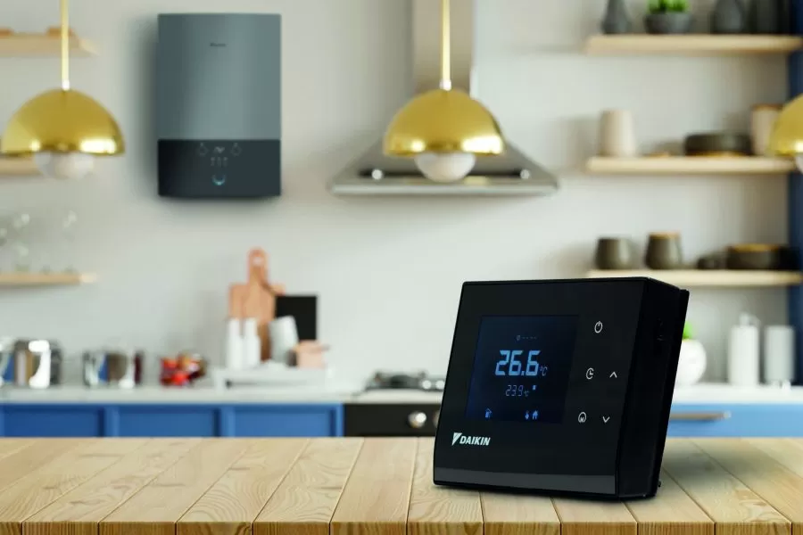 Empty wooden table and blurred kitchen white wall background/Wood table top on blur kitchen counter.3D Rendering